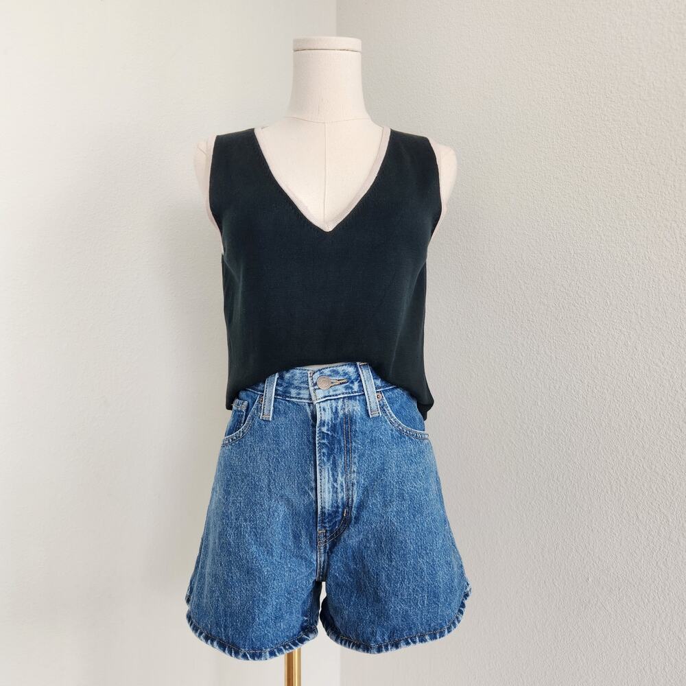 Vintage 90s Black Silk Cotton Knit Sleeveless Tank Top V Neck Crop City Silk S